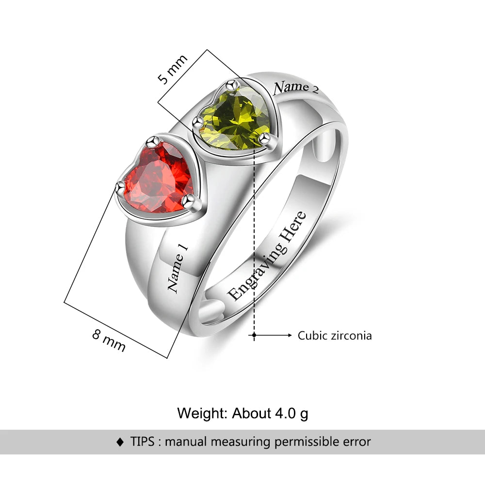 Anillos de plata de ley 925 con piedra natal y corazón personalizado para mujer