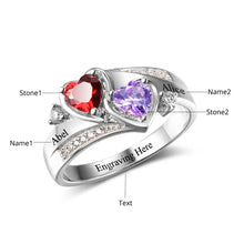 Cargar imagen en el visor de la galería, Anillo de Plata de Ley 925 con 2 corazones y piedra natal