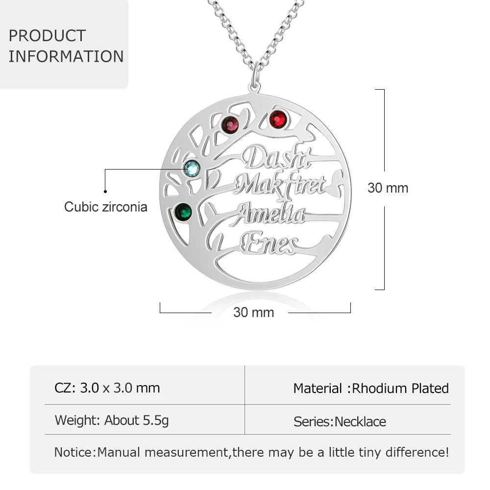 Collar de árbol familiar personalizado con 4 piedras de nacimiento