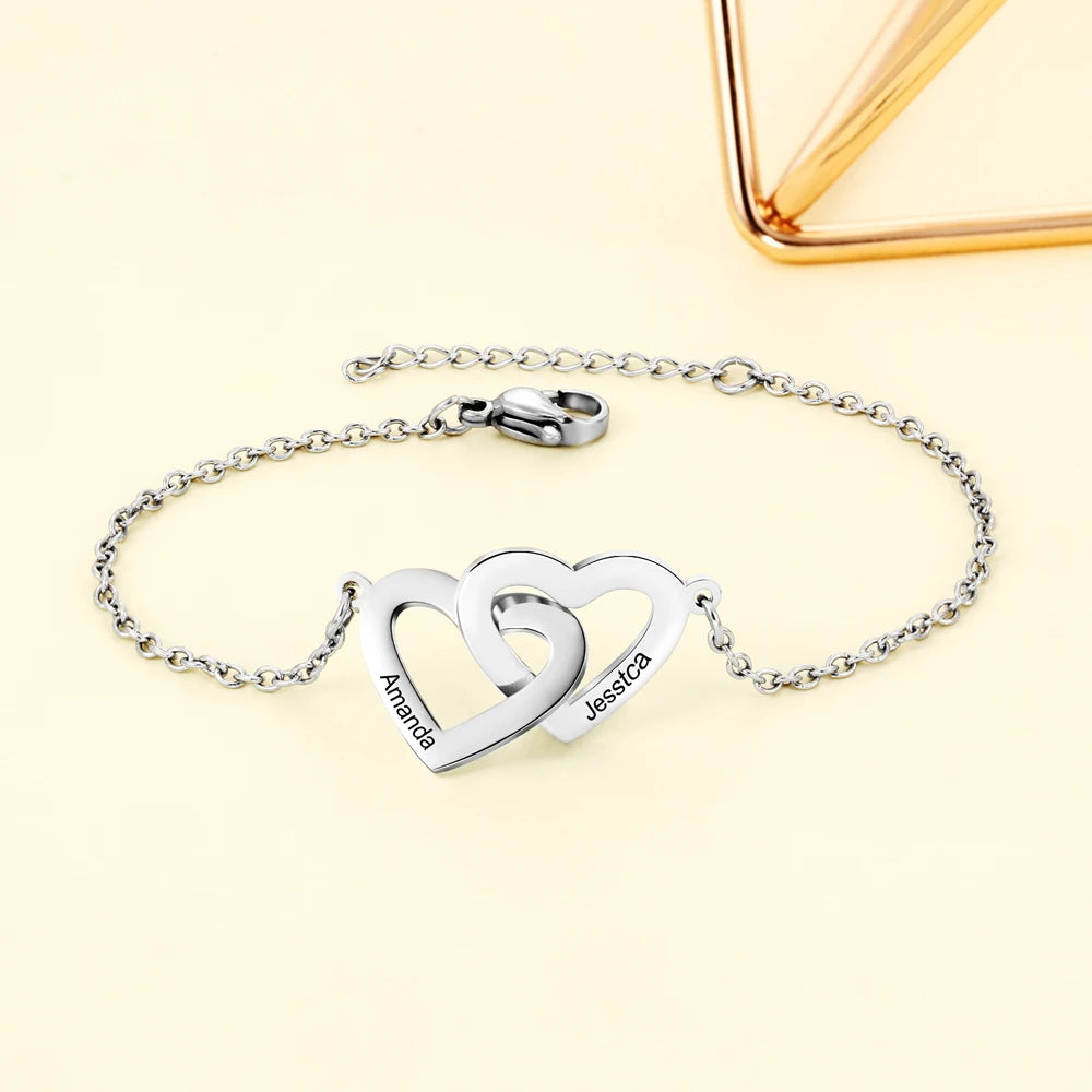 Pulseras de corazón entrelazadas personalizadas con 2 nombres personalizados