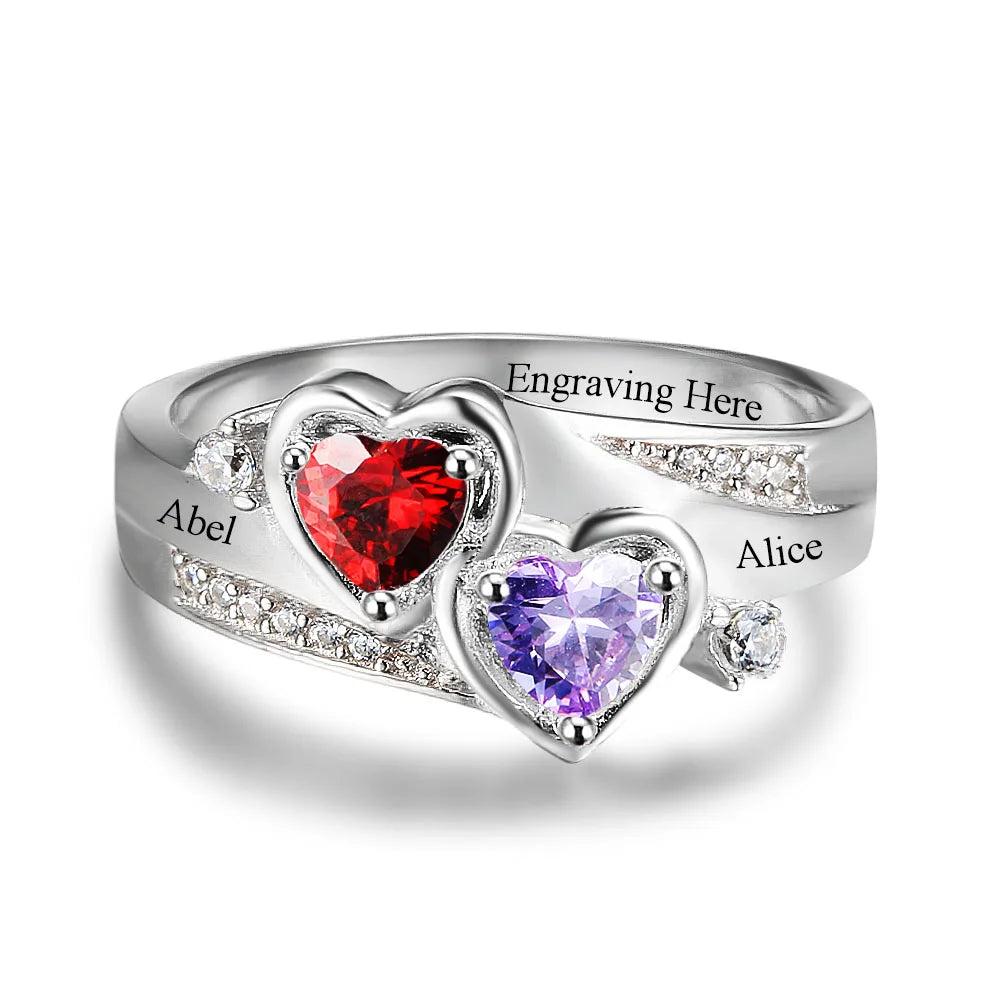 Anillo de Plata de Ley 925 con 2 corazones y piedra natal