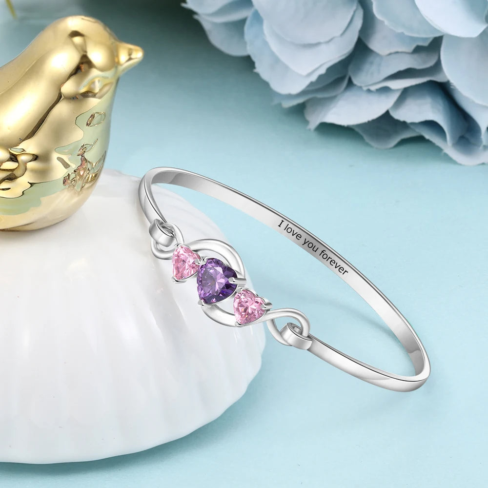 Pulseras personalizadas de piedras de nacimiento de 3 corazones para mujer