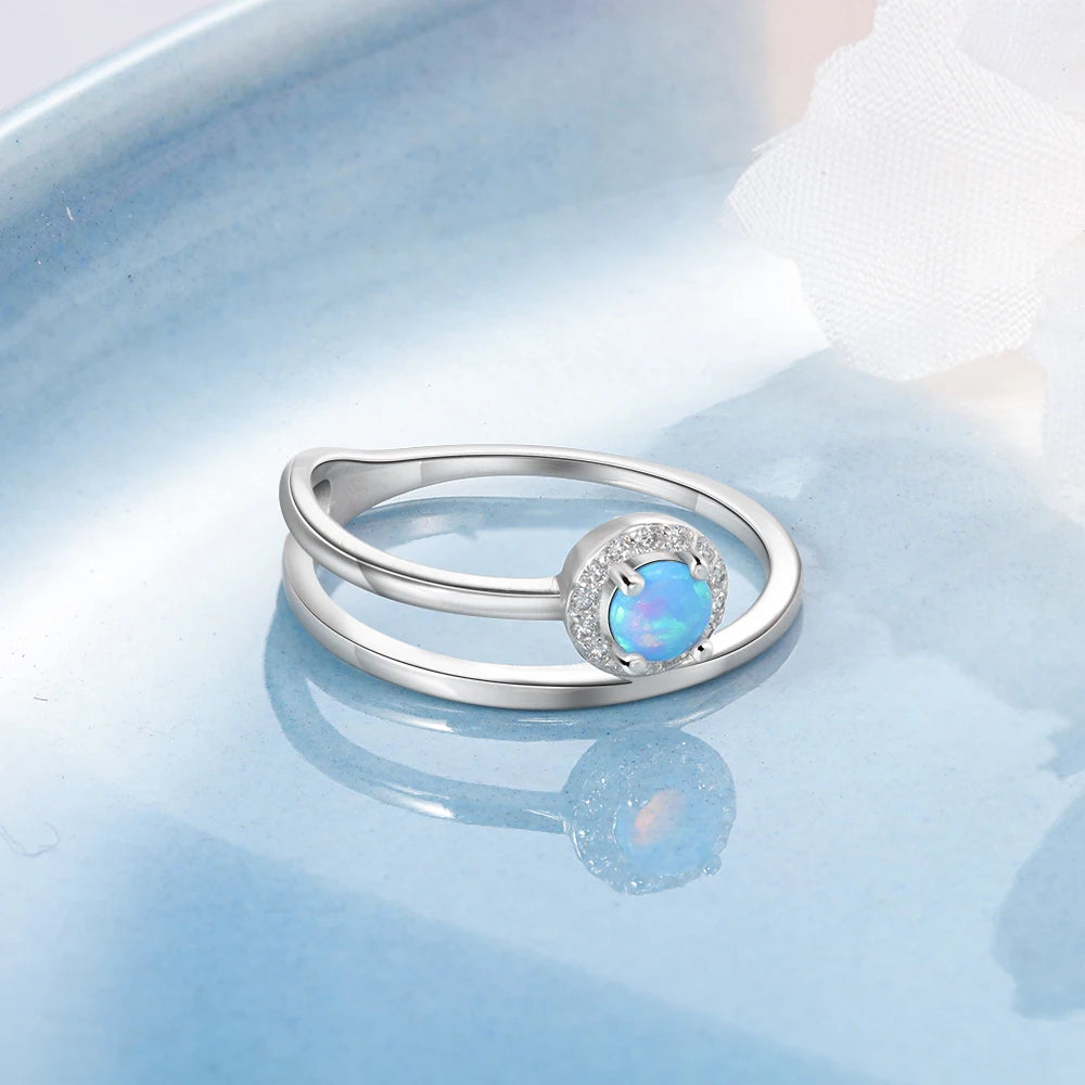 Anillo de Plata de Ley 925 de doble capa con piedra redonda de ópalo azul