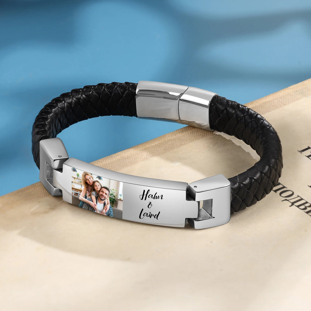 Pulsera de cuero con foto personalizada para hombre