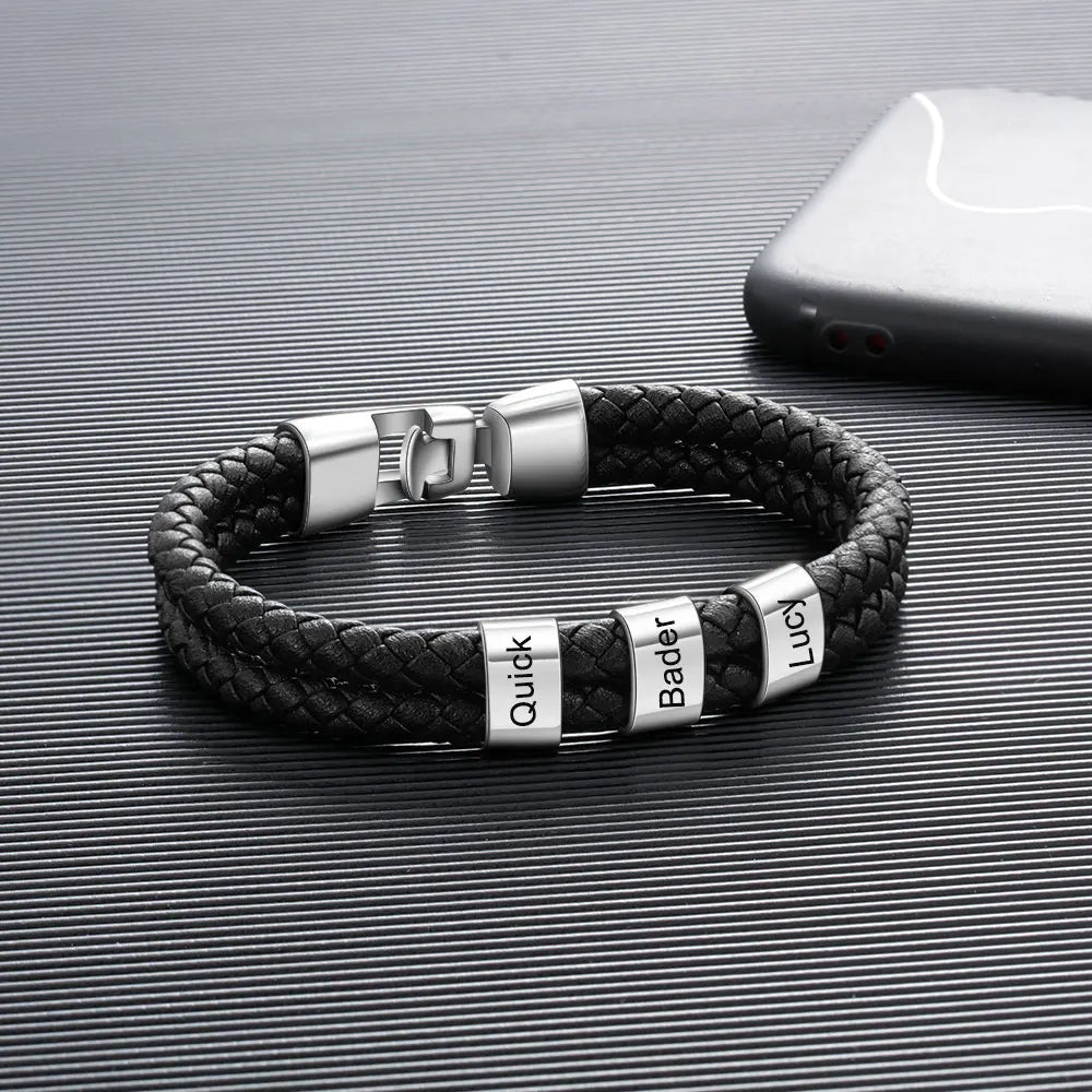 Pulsera de cuero trenzado y acero inoxidable para hombre