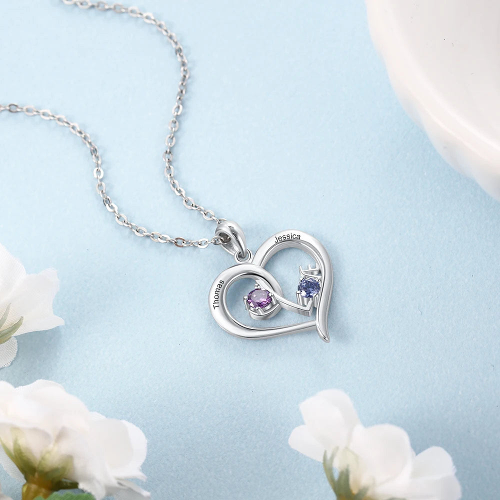 collar de corazón personalizado de plata de ley 925 con piedra natal "LOVE"