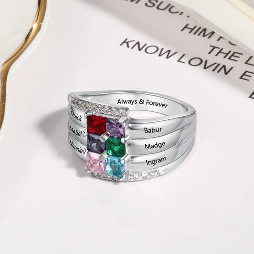 anillo personalizado de Plata de Ley 925 con 6 piedras de nacimiento cuadradas para madres