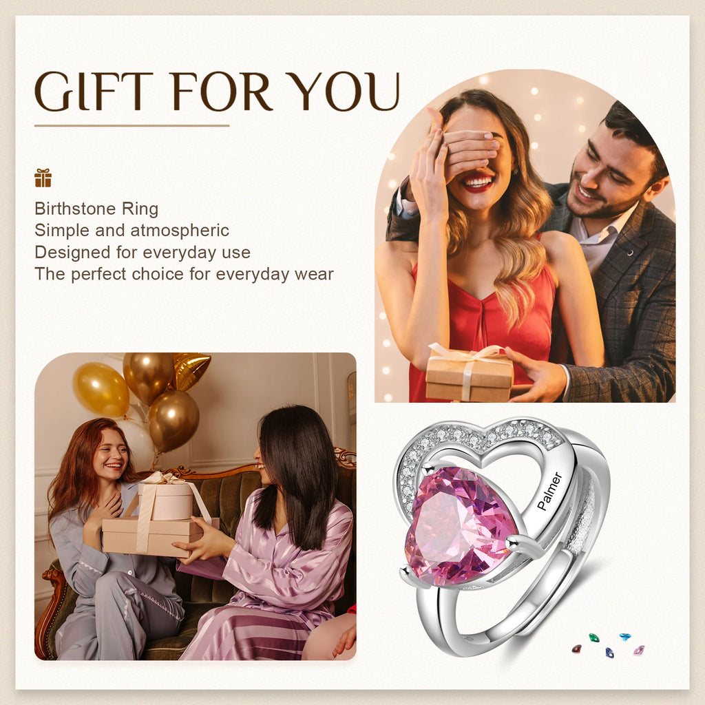 Anillo de corazón de piedra natal personalizado para mujer