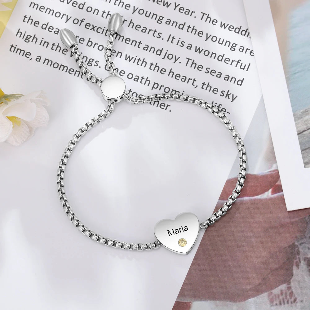 Pulsera de corazón con nombre grabado personalizado con piedra natal