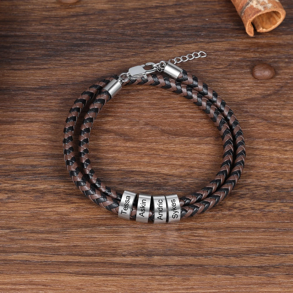 Pulsera de cuero trenzado con grabado personalizado para hombre