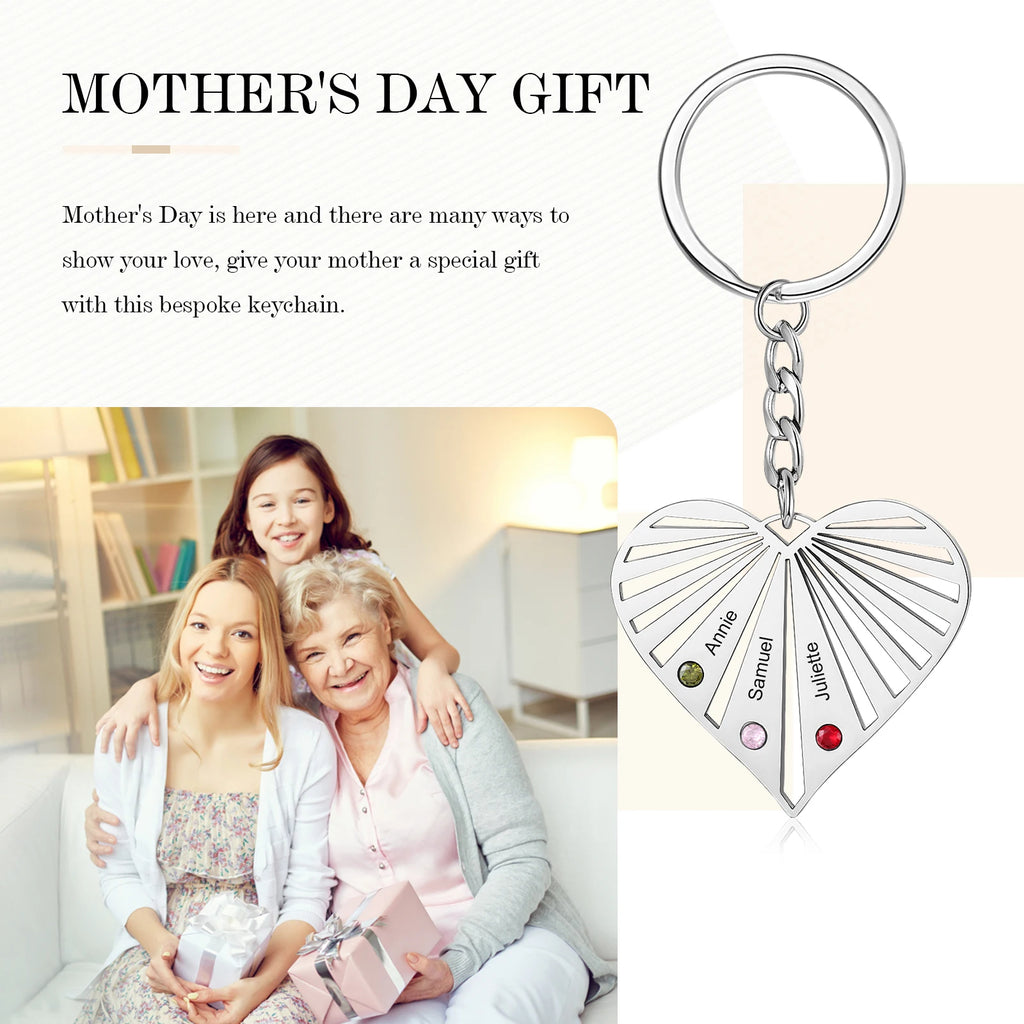 Llaveros de corazón con nombre grabado personalizado para madre, llavero de piedra natal personalizado para parejas, regalos de Navidad para ella, día de la madre