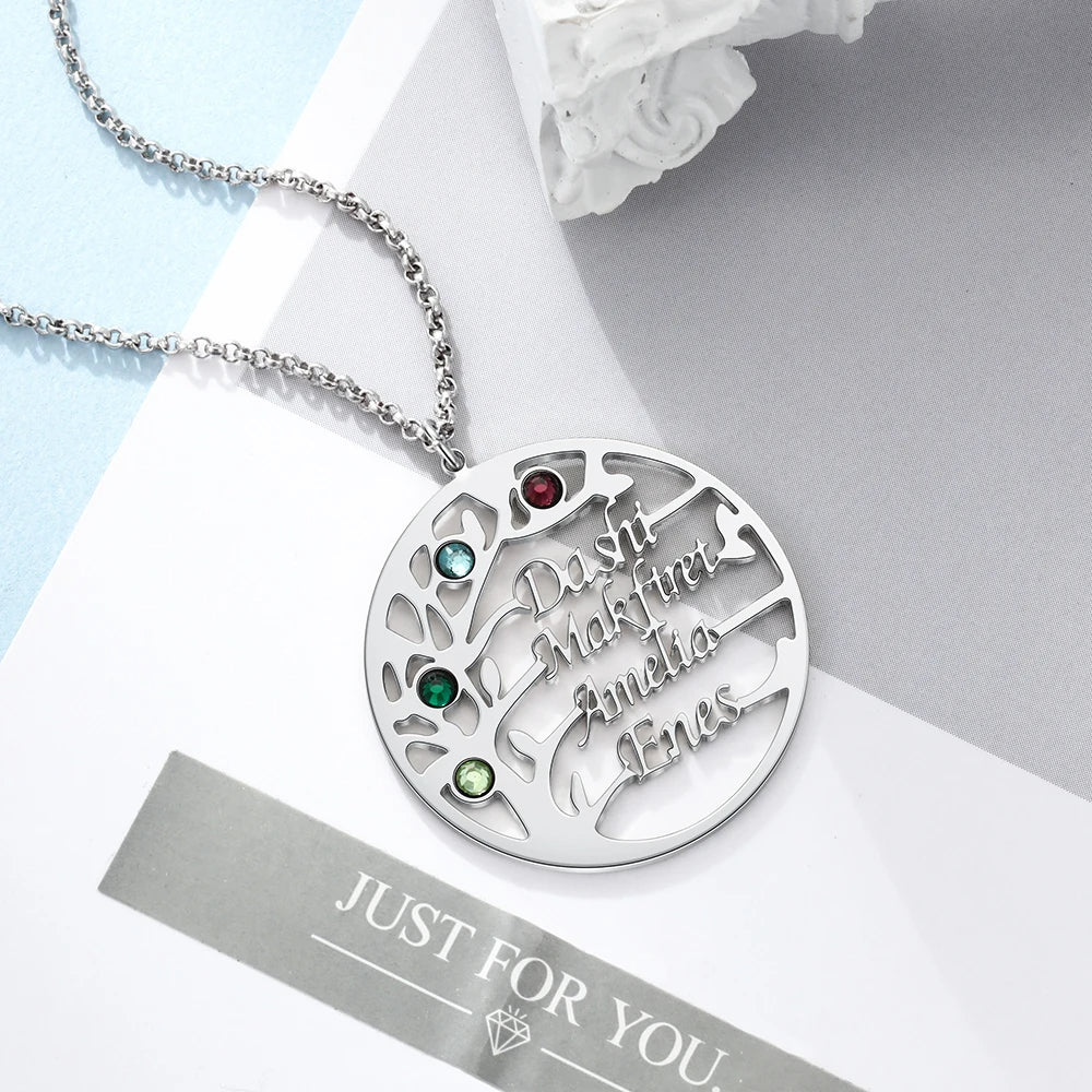 Collar de árbol familiar personalizado con 4 piedras de nacimiento