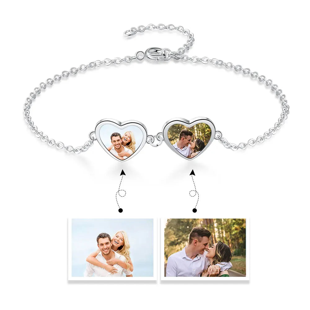 pulsera de cadena de doble corazón con foto personalizada