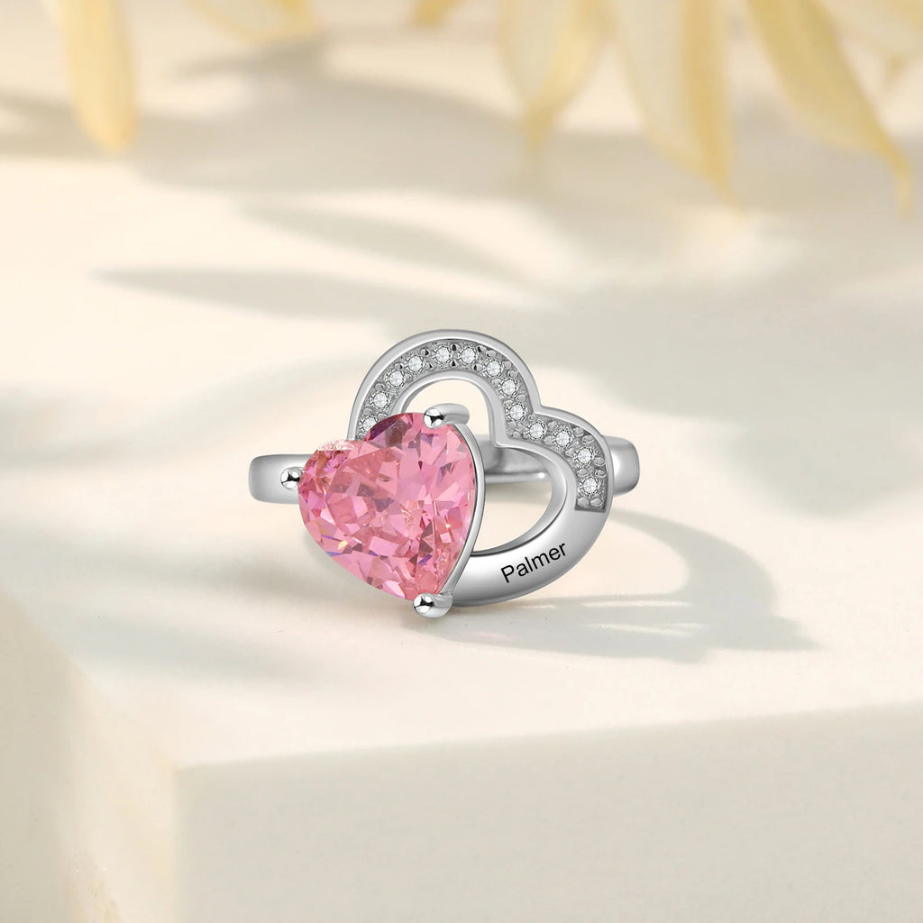 Anillo de corazón de piedra natal personalizado para mujer