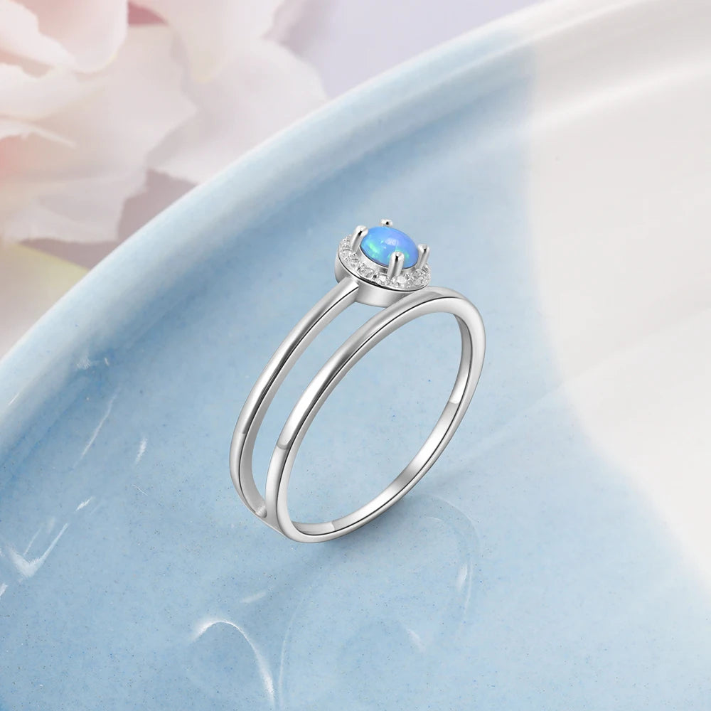 Anillo de Plata de Ley 925 de doble capa con piedra redonda de ópalo azul