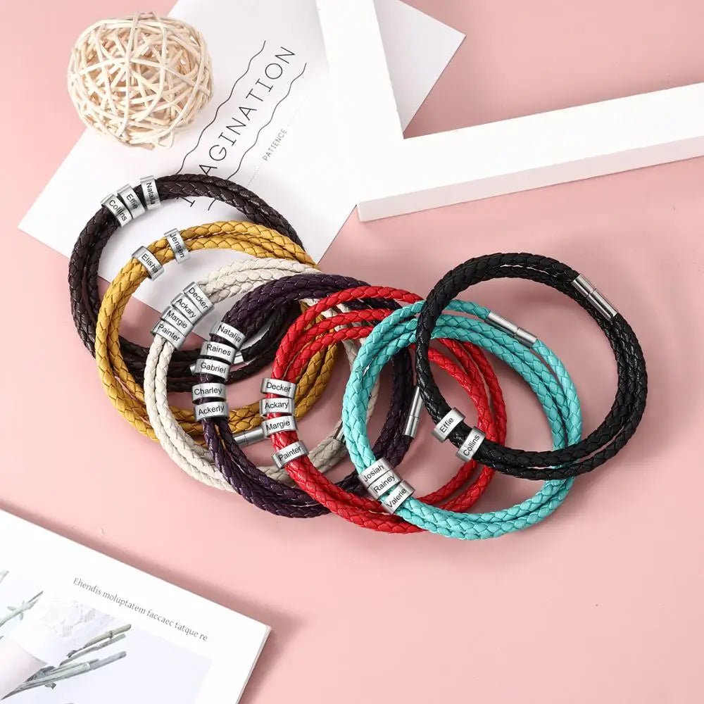 Pulsera de cuero de acero inoxidable con grabado personalizado para hombre y mujer