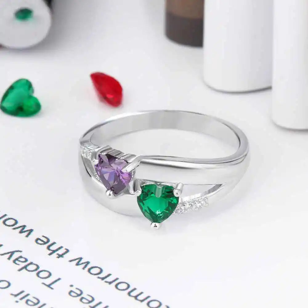 Anillo de piedra natal de doble Corazón, personalizado, grabado de nombres