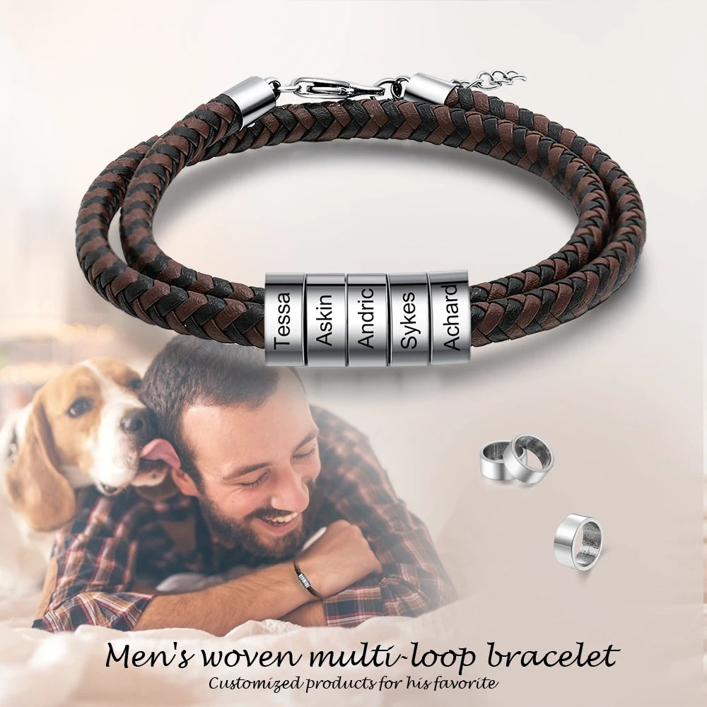 Pulsera de cuero trenzado con grabado personalizado para hombre