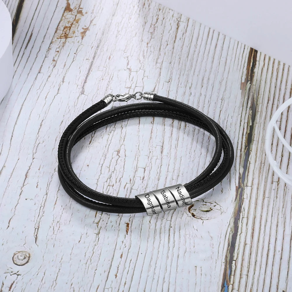 pulsera de cuentas de cuero negro para hombre