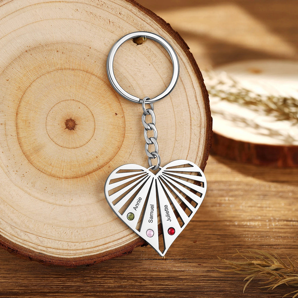 Llaveros de corazón con nombre grabado personalizado para madre, llavero de piedra natal personalizado para parejas, regalos de Navidad para ella, día de la madre