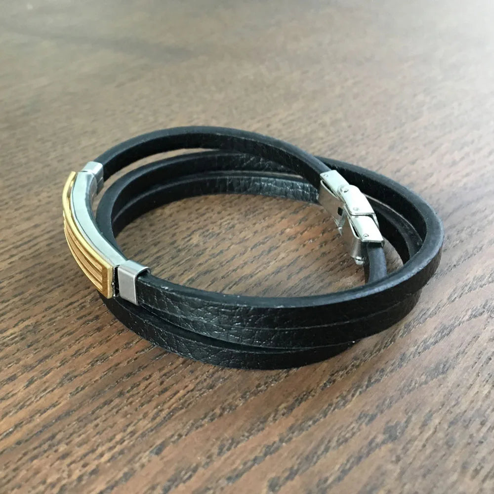 Pulsera de cuero genuino para hombre, brazalete de acero inoxidable