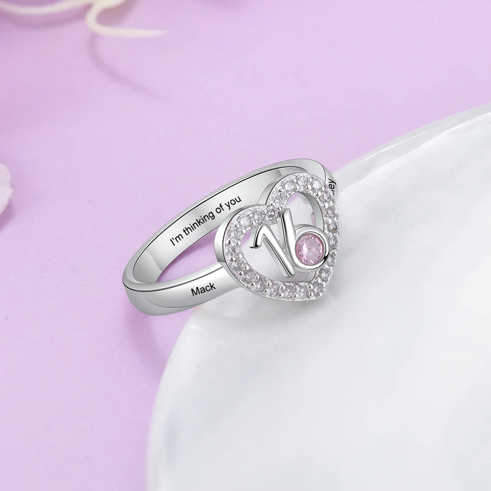 Anillos de corazón de piedra de nacimiento personalizados para mujer