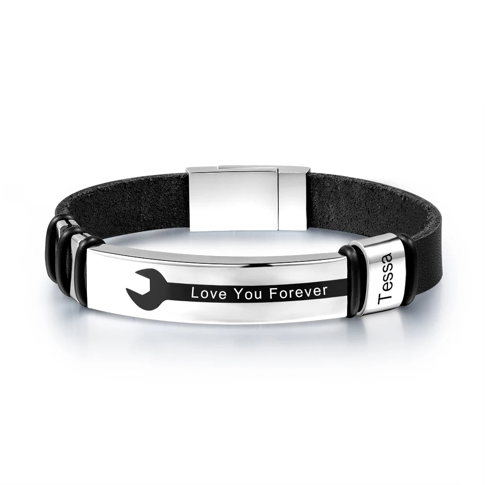 Pulsera de cuero PU negra con nombre grabado personalizado para hombre