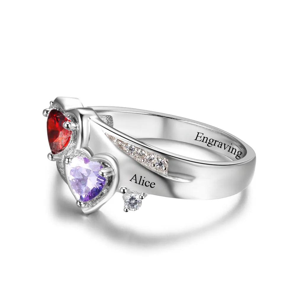 Anillo de Plata de Ley 925 con 2 corazones y piedra natal