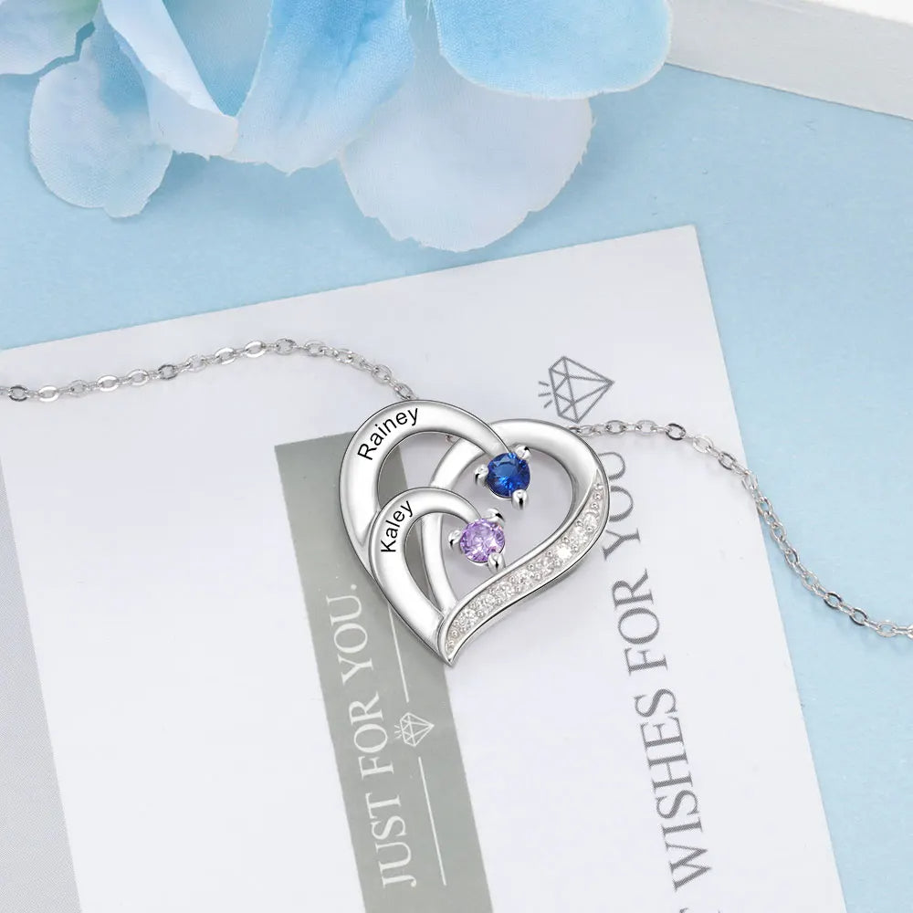 Collar de corazón personalizado de Plata de Ley 925 con 2-6 piedras de nacimiento