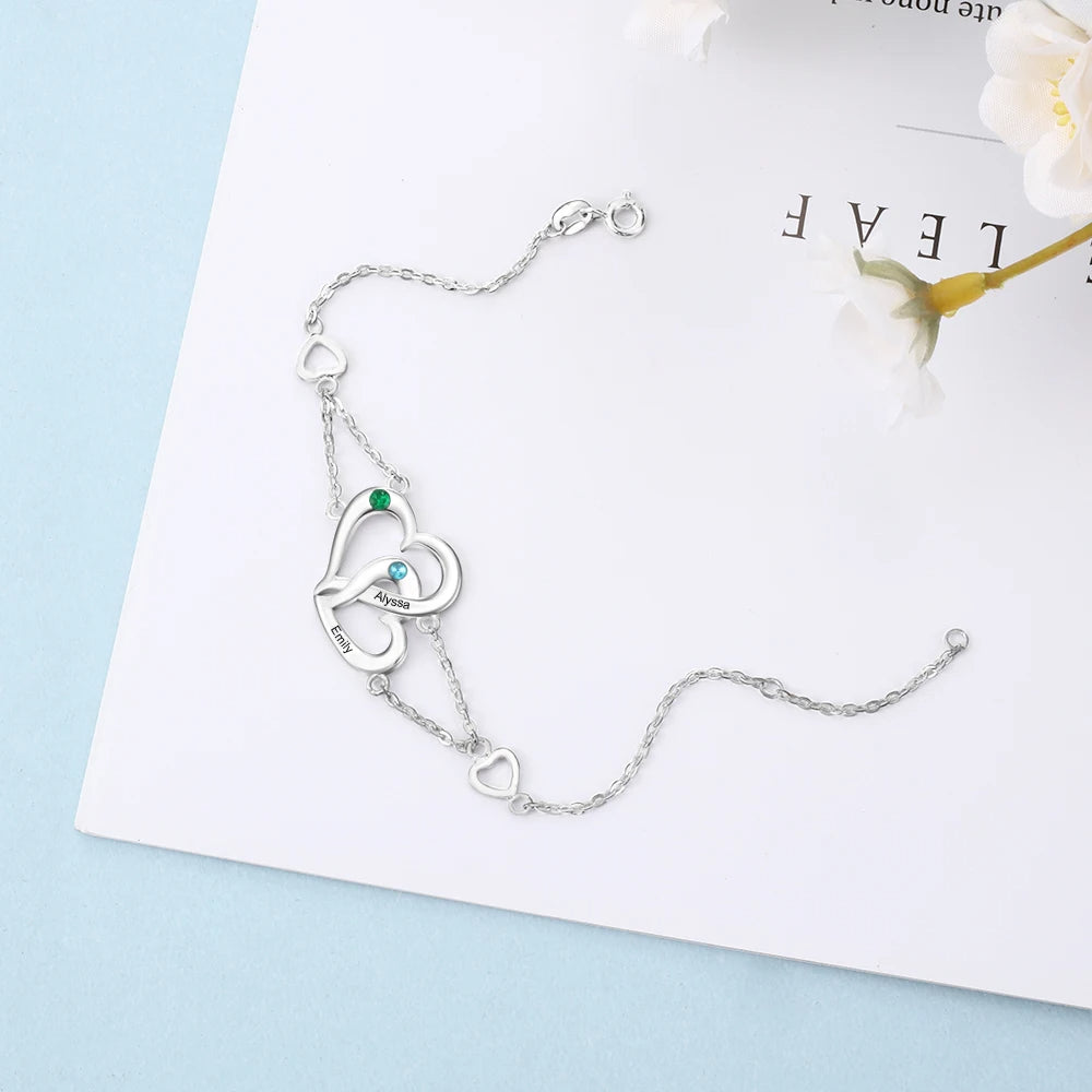 Pulsera de corazón entrelazado personalizada con piedra natal para mujer