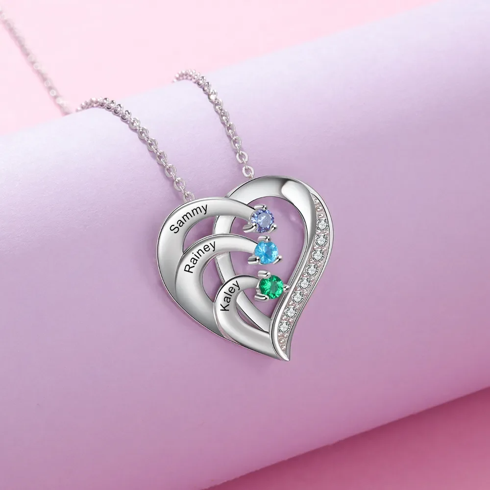 Collar de corazón personalizado de Plata de Ley 925 con 2-6 piedras de nacimiento