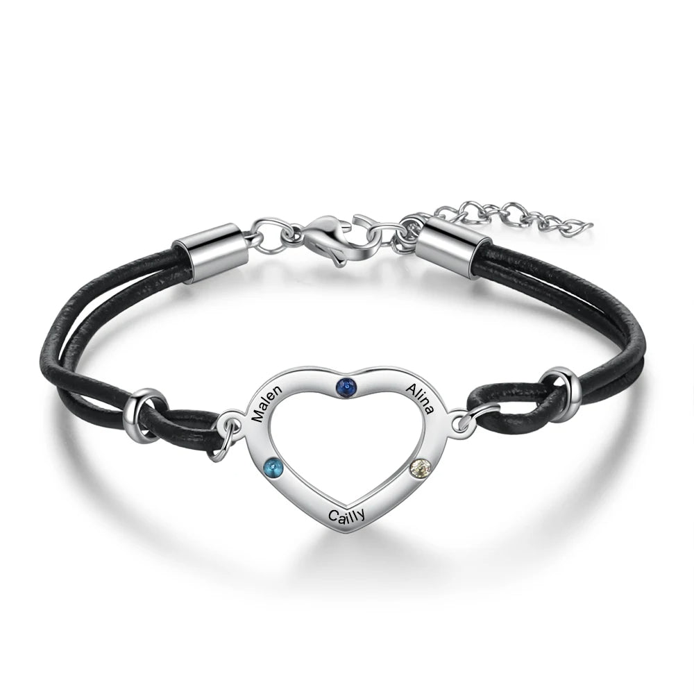 pulsera de corazón personalizada con 3 piedras de nacimiento