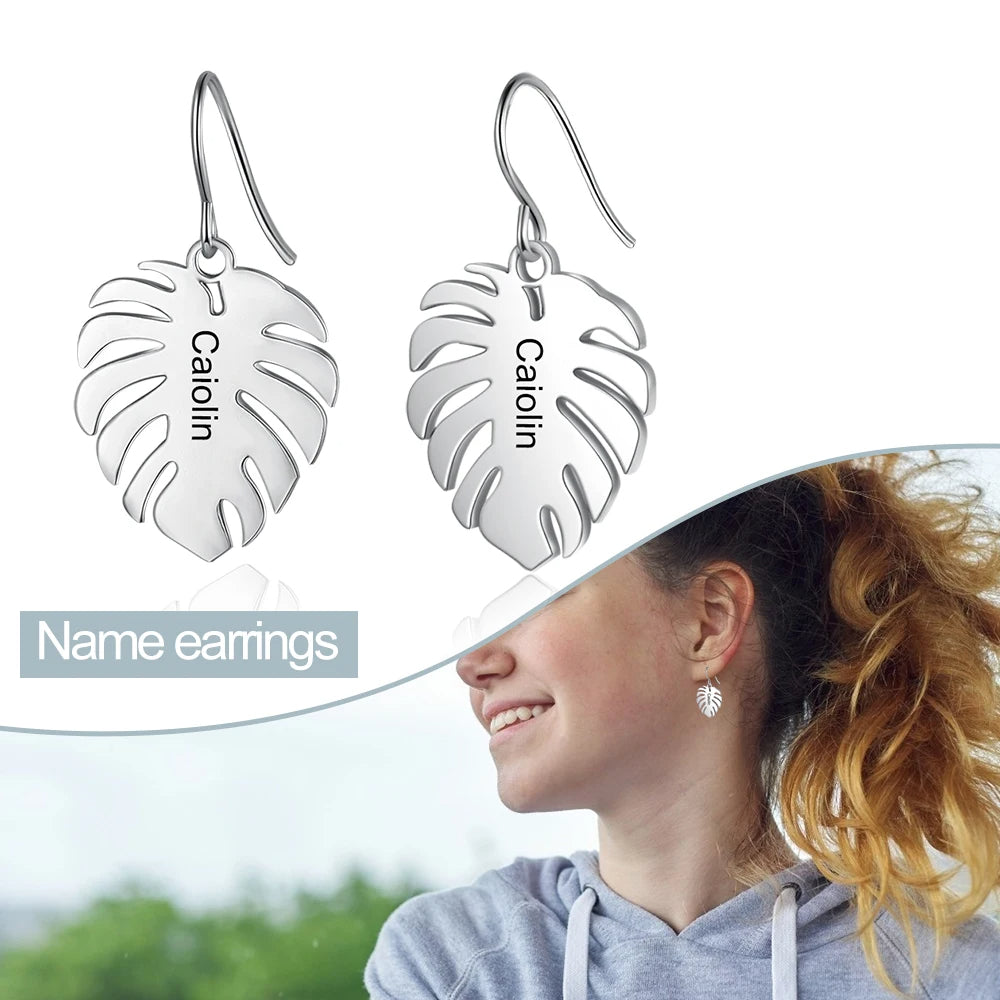 pendientes de hoja grabados personalizados para mujer