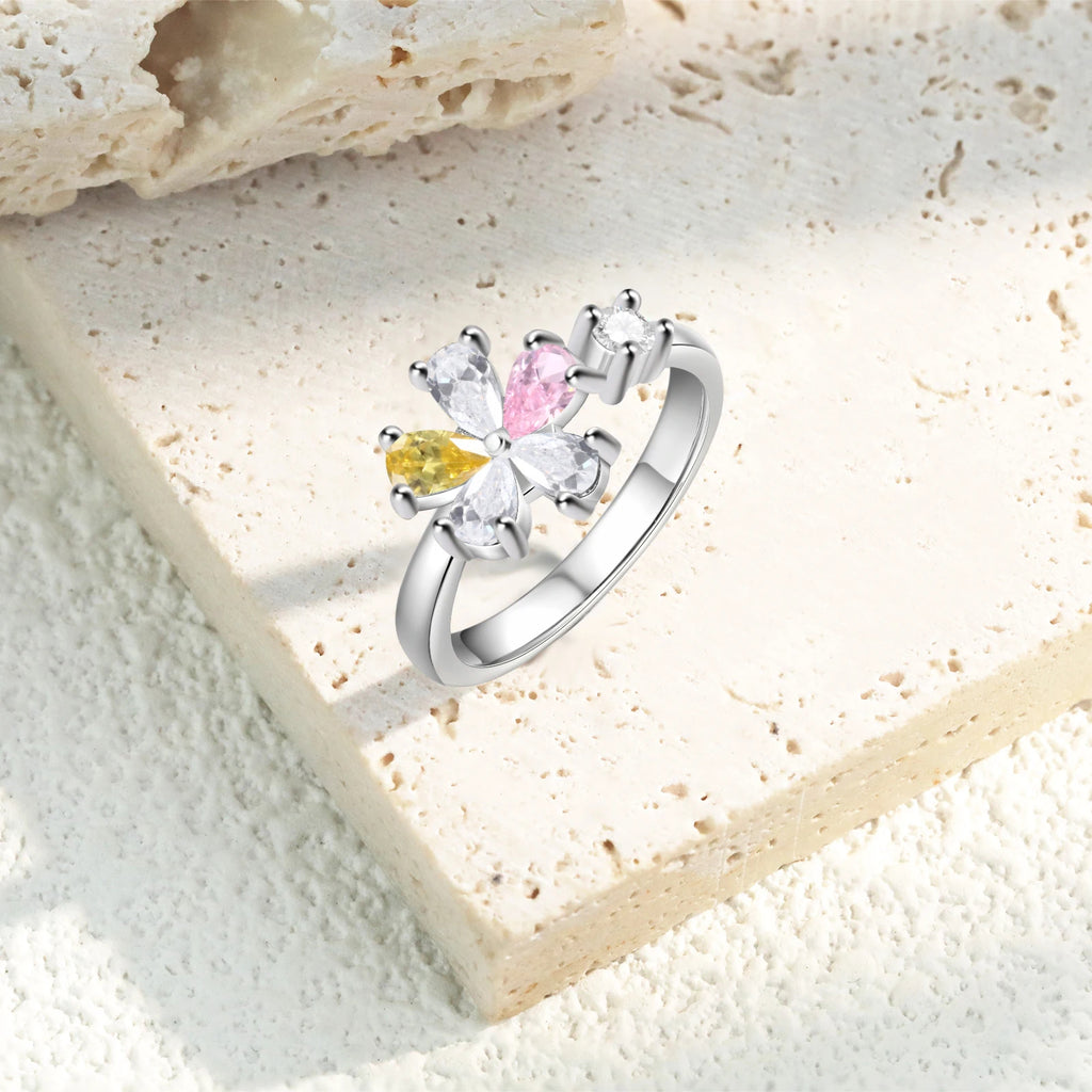 Elegante anillo abierto de flores personalizado para mujer