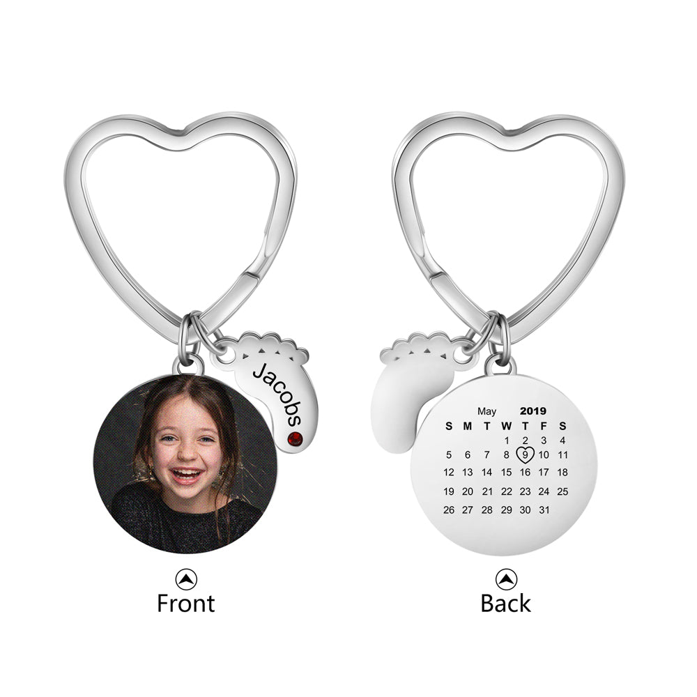 JewelOra-llavero personalizado de acero inoxidable con foto y calendario, grabado de nombre, pies de bebé, con piedra de nacimiento, regalos
