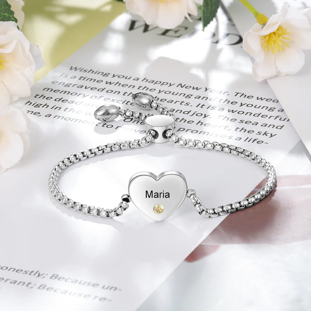 Pulsera de corazón con nombre grabado personalizado con piedra natal