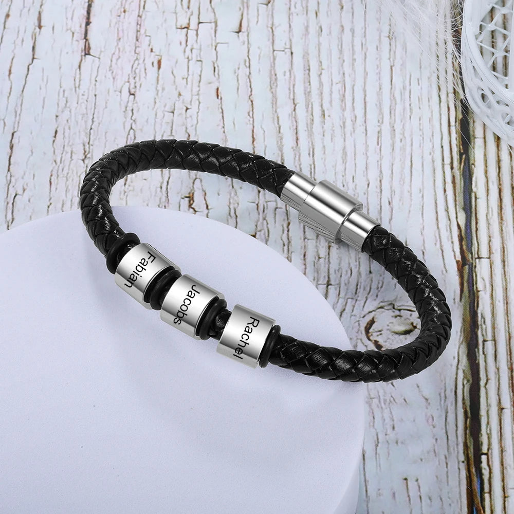 Pulseras de cuero negro personalizadas para hombre