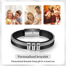 Load image into Gallery viewer, Pulsera de cuero y cadena metálica personalizada con 3 cuentas grabadas con nombre