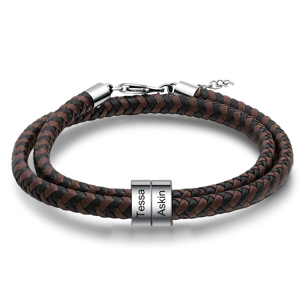 Pulsera de cuero trenzado con grabado personalizado para hombre