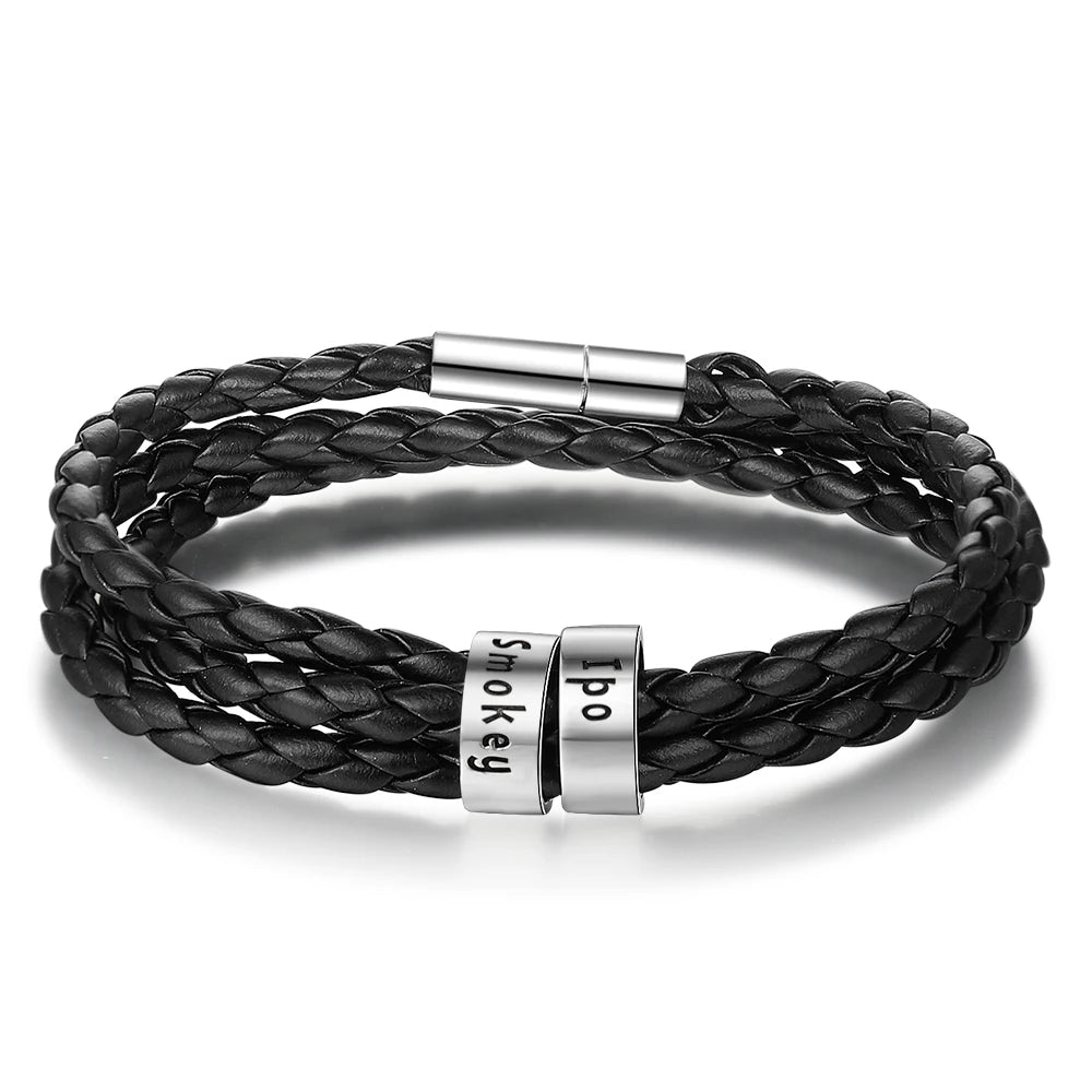 Pulsera de cuero con cuentas personalizables para hombre