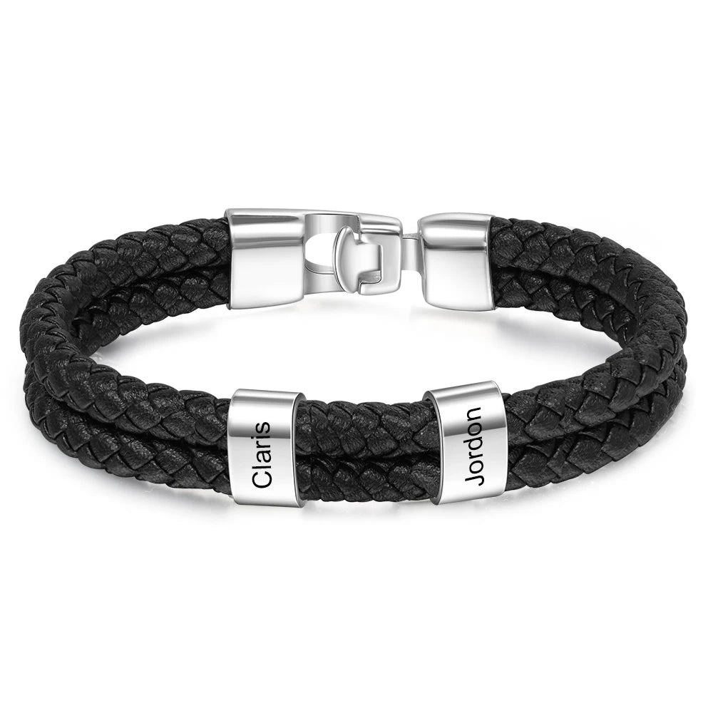 Pulsera de cuero trenzado y acero inoxidable para hombre