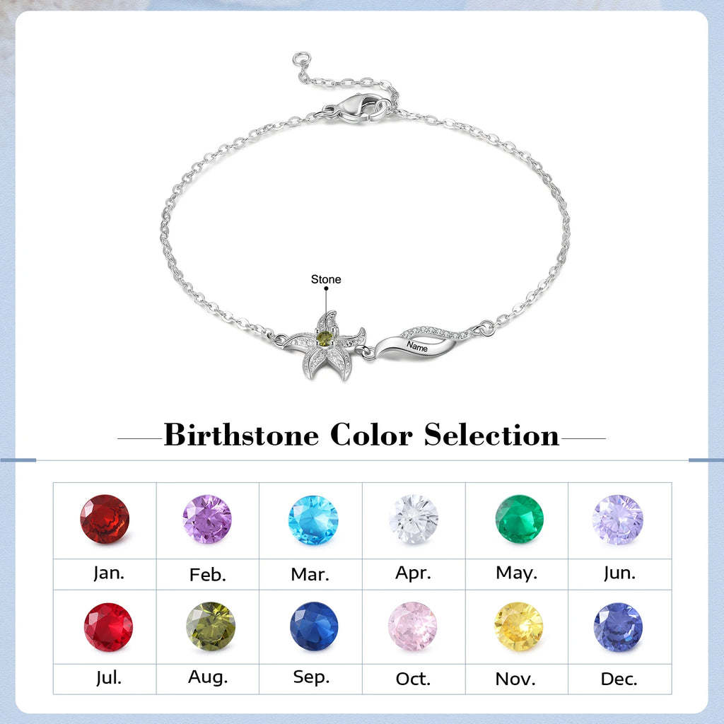 Pulsera personalizada de estrella de mar con piedra natal incrustada