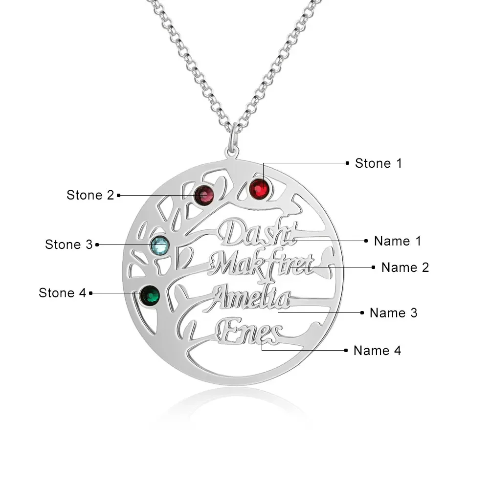 Collar de árbol familiar personalizado con 4 piedras de nacimiento