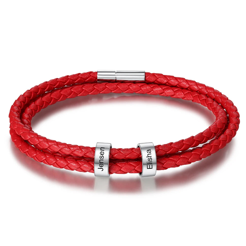 Pulsera de cuero de acero inoxidable con grabado personalizado para hombre y mujer