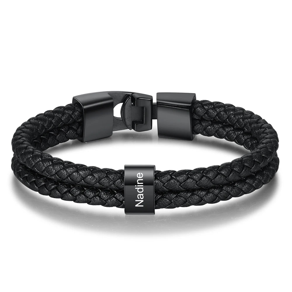 Pulsera de cuero trenzado y acero inoxidable para hombre