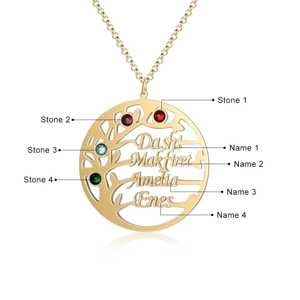 Collar de árbol familiar personalizado con 4 piedras de nacimiento