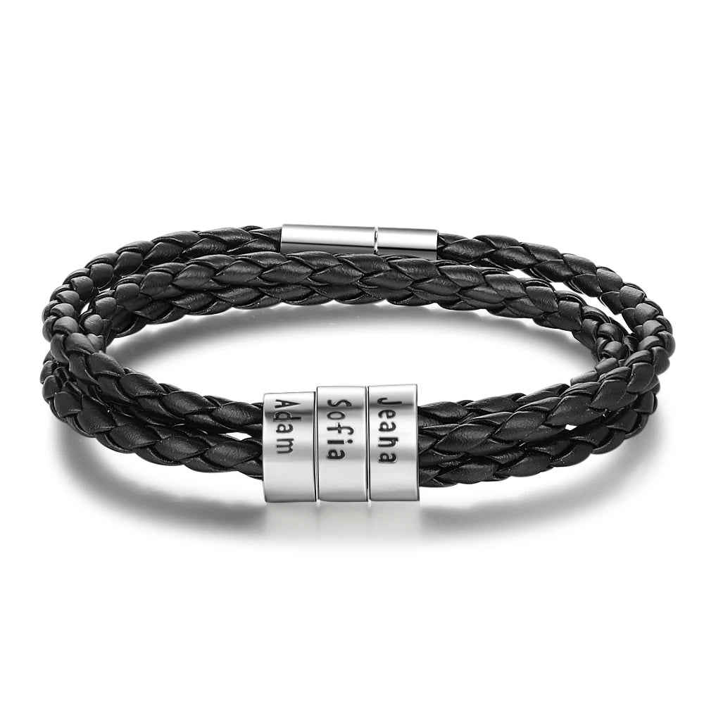 Pulsera de cuero con cuentas personalizables para hombre