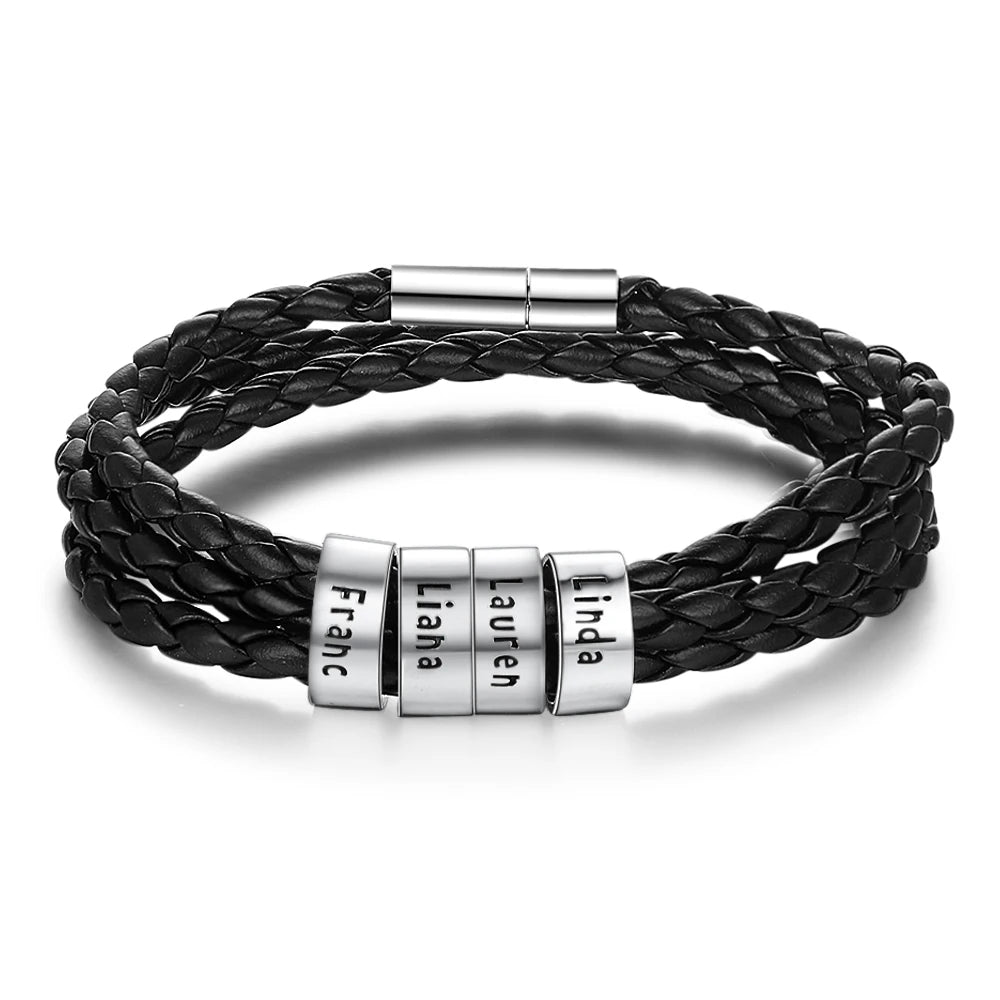 Pulsera de cuero con cuentas personalizables para hombre