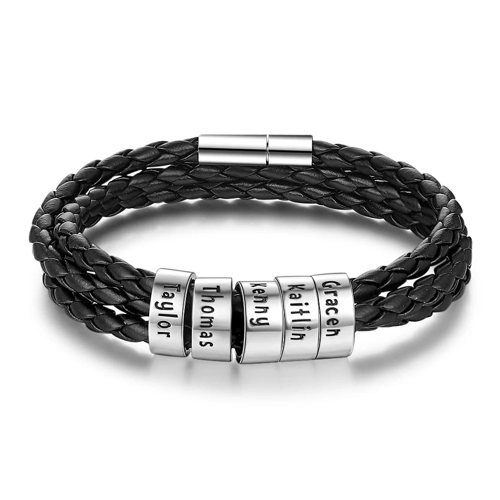 Pulsera de cuero con cuentas personalizables para hombre