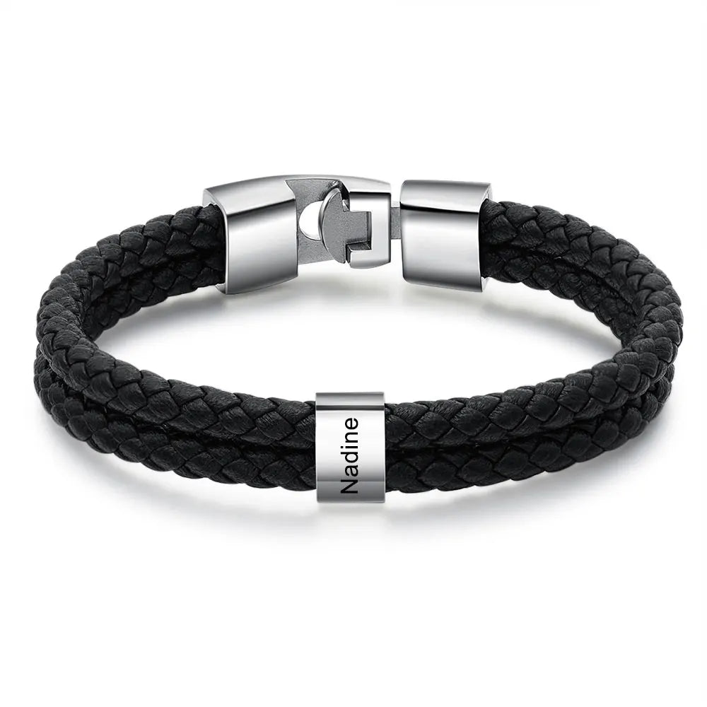 Pulsera de cuero trenzado y acero inoxidable para hombre